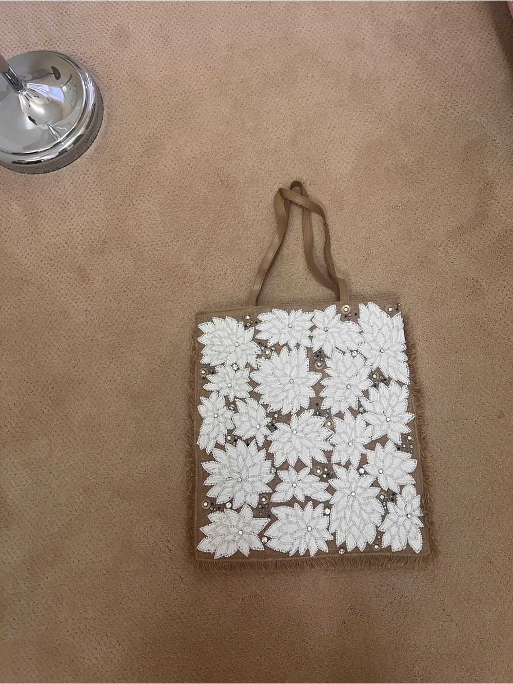 Embroidered Floral Tote Bag in White and Tan